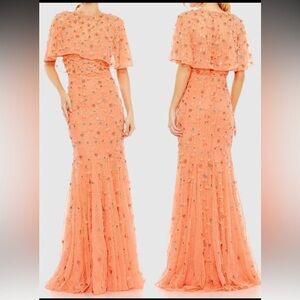 NWOT Mac Duggal Embellished Illusion Cape Sleeve Coral Trumpet Gown Sz 4